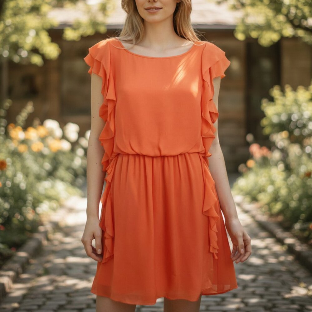 Tibi Silk Ruffle Dress Size 8 Orange Flutter Sleeves Lined Feminine Flowy Spring